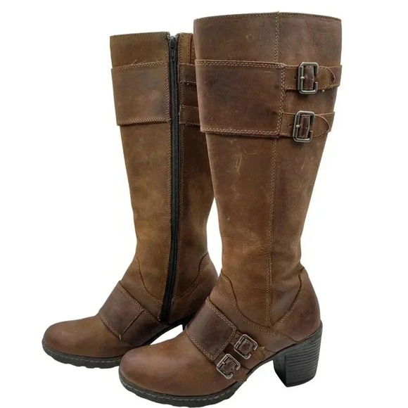 BOC Born Concept Leather Tall Riding Biker Boots Side Zip Buckle Strap Women 7-8 - Picture 1 of 16